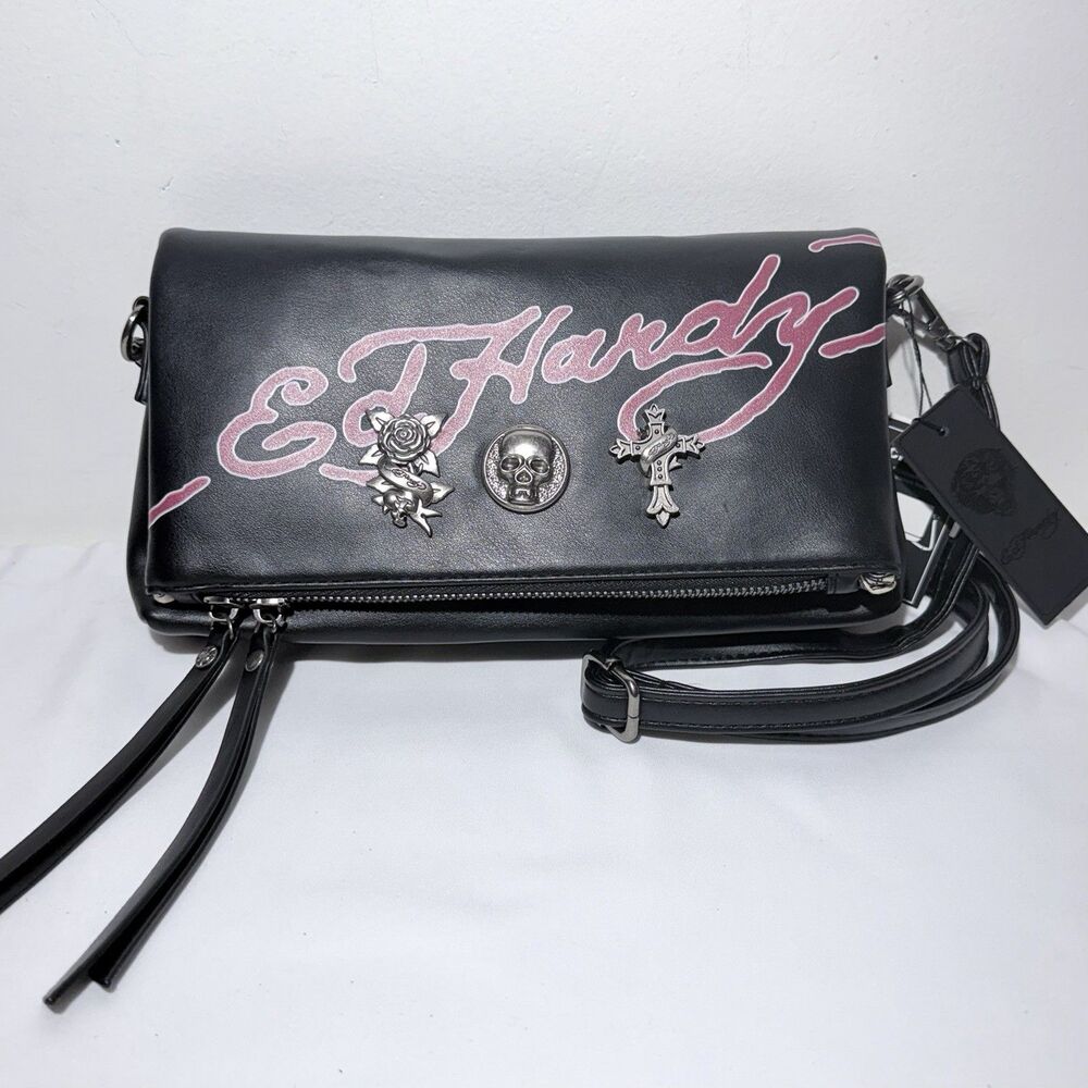 Ed Hardy Fold Over Clutch Crossbody Bag Skull Cross Rose Removable Strap NWT